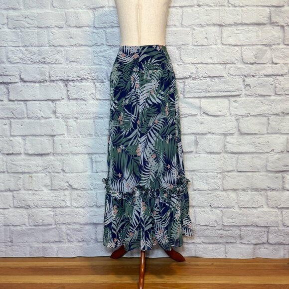 Walter Baker Navy Blue Floral Palm Print Tiered Maxi Skirt - Picture 2 of 9